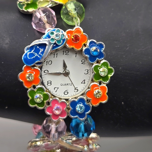 Womens Beachy Colorful Beaded Floral Flip Flop Rhinestone Elastic Bracelet Watch - Picture 3 of 6